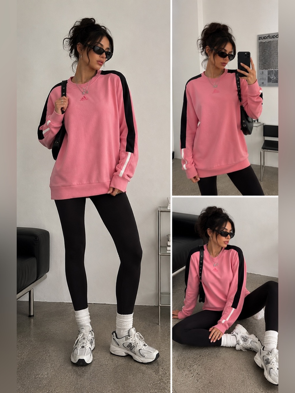 adidas Pink Crewneck Pullover with Black Stipes